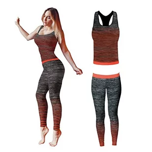 FM London Zestaw odzieży sportowej dla kobiet | kamizelka i legginsy stretch fit strój na siłownię, pomarańczowy, 8-14 - Legginsy - miniaturka - grafika 1
