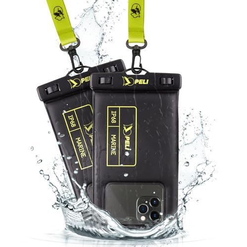 Peli Marine 2 szt., wodoodporne etui na telefon IP68 (rozmiar standardowy), wypukłe wodoodporne etui na telefon iPhone 16 Pro Max/iPhone 15 Pro/14 Pro/13/12/S24 - odpinana smycz - czarne/żółte