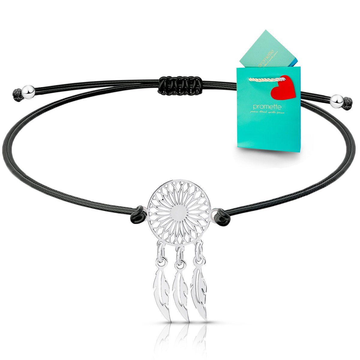 Bransoletka na czarnym sznurku łapacz snów boho srebro sznurkowa 925