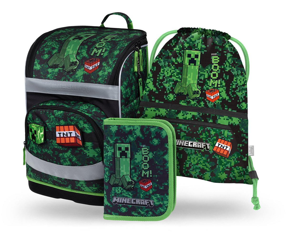 Zestaw Szkolny 3w1 BAAGL Tornister szkolny Zippy Plus Minecraft Boom Ergonomiczny 21L 28x37x20 cm Zielony dla chłopca + Piórnik, Worek na buty