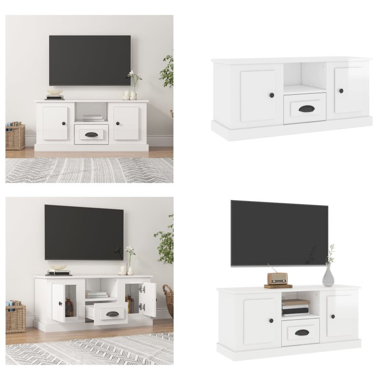 vidaXL Szafka pod TV biały wysoki połysk 100x35,5x45 cm materiał drewnopochodny - szafka pod TV - szafki pod TV - meble pod TV - stojak pod TV