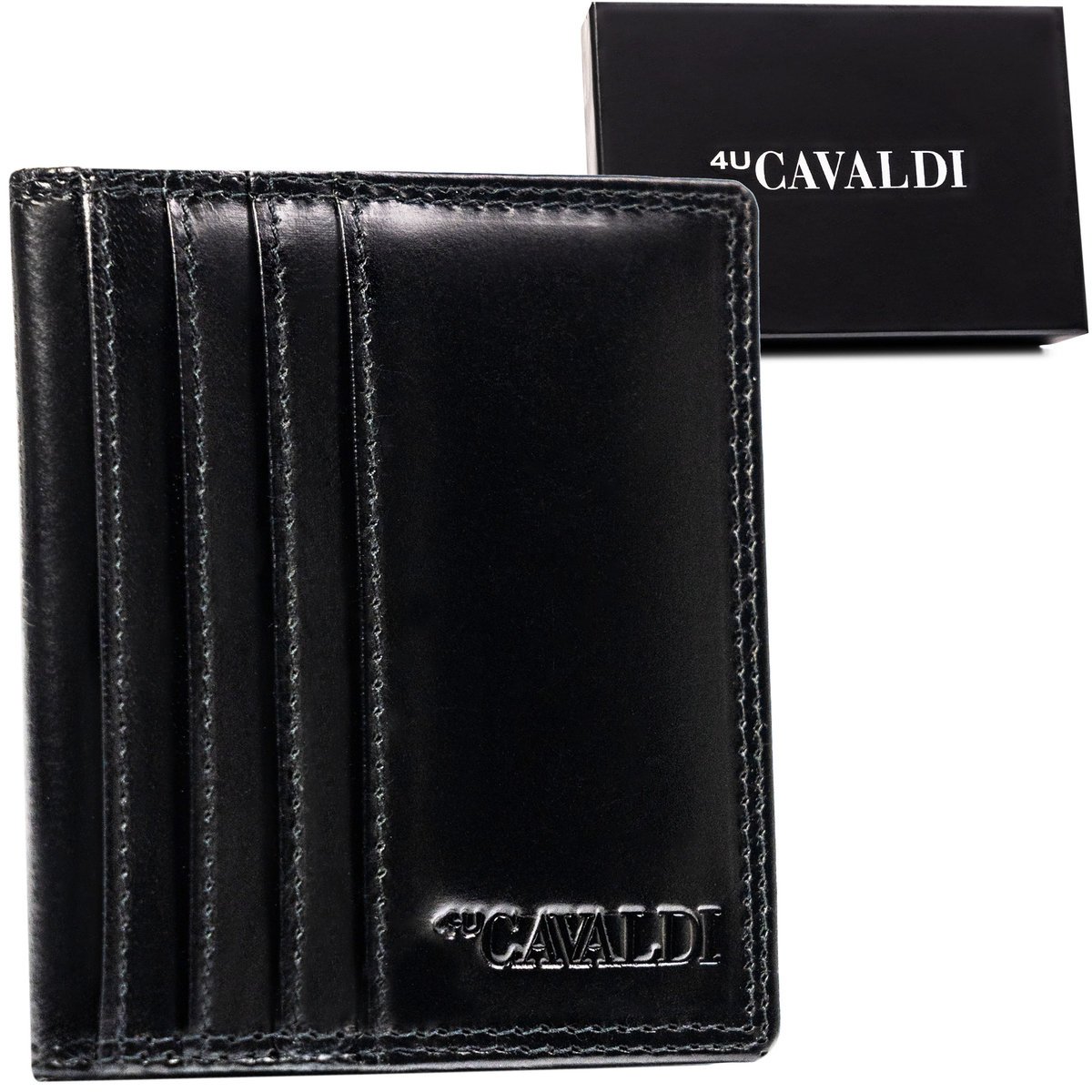 Skórzane czarne poziome etui na karty 4U CAVALDI składane cienkie bez zapięcia pojemne pudełko prezentowe ochrona RFID STOP