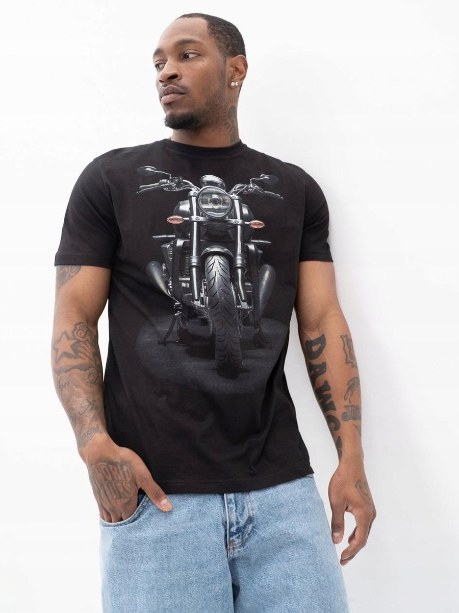 T-SHIRT KOSZULKA Męska Czarna Świecąca W Ciemności Motocykl Spotlight S