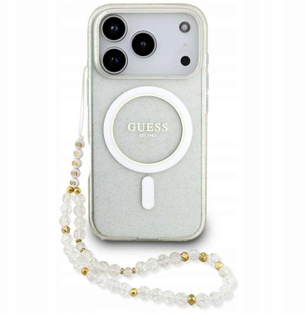 Guess IML Glitter Pearl Strap MagSafe Case for iPhone 17 Pro Clear