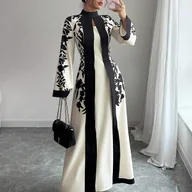 Sukienki - TEMU Elegancka sukienka damska w kwiatowy wzór z długim rękawem w kształcie litery A - Czarno-biała dwukolorowa sukienka zimowa z okrągłym dekoltem, - miniaturka - grafika 1