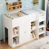 Łóżka dla dzieci i młodzieży - Wielofunkcyjne łóżko piętrowe 90 x 200 cm z miejscem do przechowywania, szafą i półkami - Sosna + sklejka + MDF - Białe (Bez materaca) - miniaturka - grafika 1