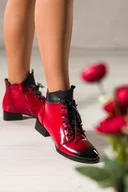 Botki damskie - Czerwone botki damskie lakierowane na niskim klocku z czarnymi wstawkami sznurowane Casu S7748 - miniaturka - grafika 1