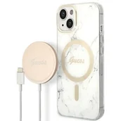 Etui i futerały do telefonów - Guess Zestaw GUBPP14SHMEACSH Case+ Charger iPhone 14 6,1" biały/white hard case Marble MagSafe - miniaturka - grafika 1