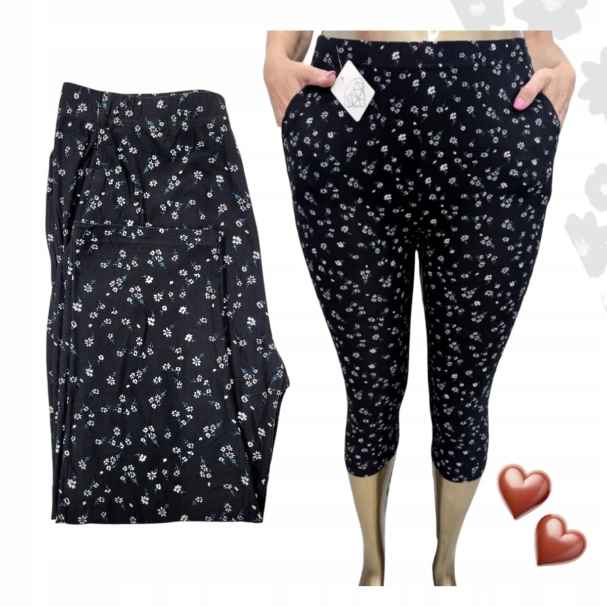 REWELACYJNE RYBACZKI KIESZENIE leginsy 3/4 kwiat elastyczne 44 46 2XL 3XL