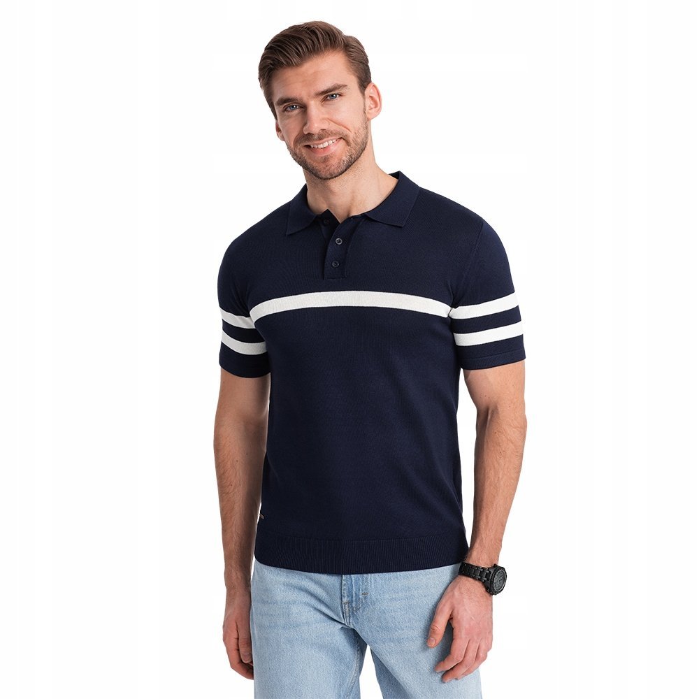 Koszulka męska polo z dzianiny z kontrastami granatowa V2 OM-POSS-0118 XXL