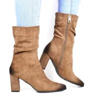 Botki damskie - Damskie Botki Na Obcasie Słupku Vinceza 58146 Beżowe Brązowe Zamszowe - miniaturka - grafika 1