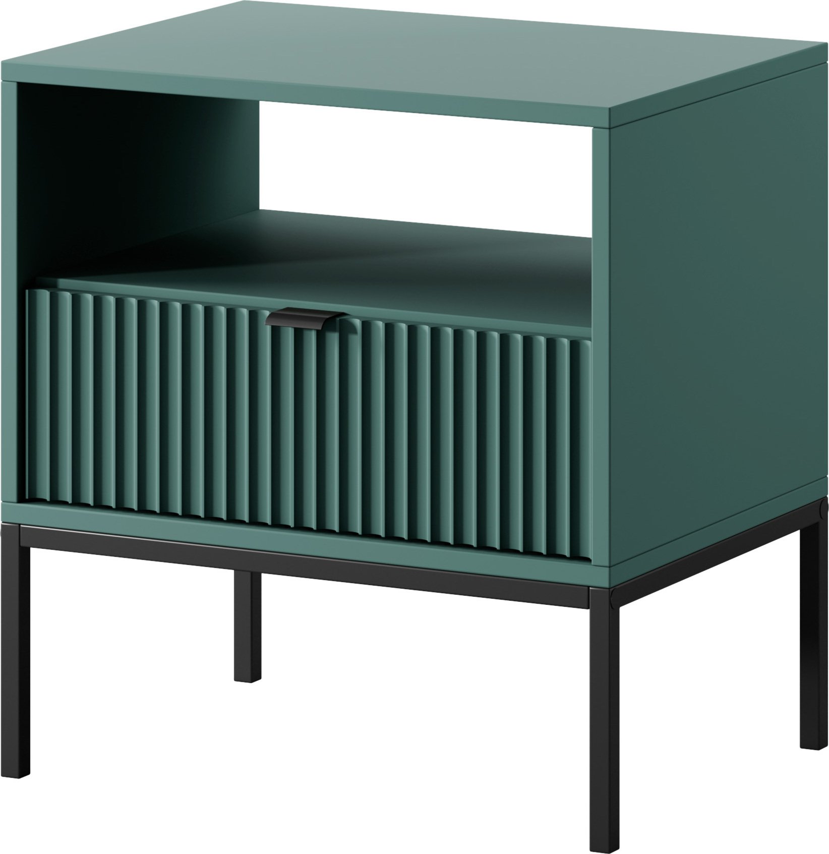BETTSO szafka nocna z szufladami ryflowany front uchwyt czarny glamour stolik nocny NOVA Zielony na czarnej nodze