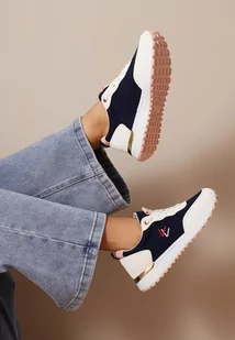 Granatowe Sneakersy z Metalicznymi Wstawkami i Drobnym Haftem c - Sneakersy damskie - miniaturka - grafika 1
