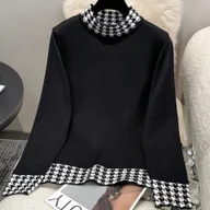 Swetry damskie - TEMU Sweter damski w kratę - półgolf z długim rękawem, elastyczny materiał średniej grubości, czarno-biały kontrastowy top na każdą porę roku, modna - miniaturka - grafika 1