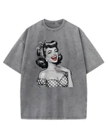 Koszulki i topy damskie - Koszulka oversize efekt sprania Vintage Kobieta Lata 50 szary XL - miniaturka - grafika 1