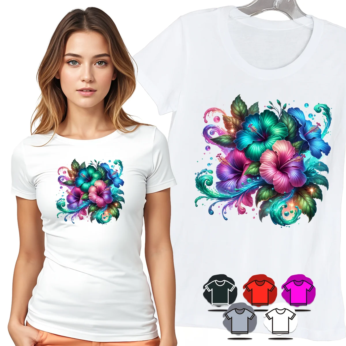 KOSZULKA DAMSKA T-SHIRT - KWIATY EGZOTYCZNE TURKUS RÓŻ DAMSKI WZÓR - XL