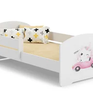 Łóżka dla dzieci i młodzieży - Białe Łóżko Dziecięce 160x80 cm z Rysunkiem Kota i Barierką – Zawiera Piankowy Materac i Pełną Ramę, Wymiary 164x88x63 cm - miniaturka - grafika 1