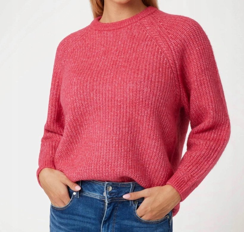 GUESS RÓŻOWY SWETER Z OKRĄGŁYM DEKOLTEM GŁADKI Z WEŁNĄ S 1GŁA