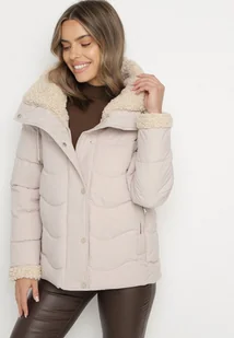 Ciemnobeżowa Pikowana Kurtka z Kapturem i Kołnierzem z Futerkiem Typu Baranek Olandia - Kurtki damskie - miniaturka - grafika 1