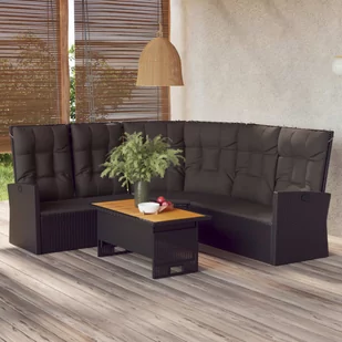 vidaXL Rozkładana sofa narożna z poduszkami, czarna, polirattan - Leżaki ogrodowe - miniaturka - grafika 1