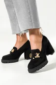 Mokasyny damskie - Czarne mokasyny damskie półbuty na słupku ze złotym misiem Casu MD7573-5 - miniaturka - grafika 1