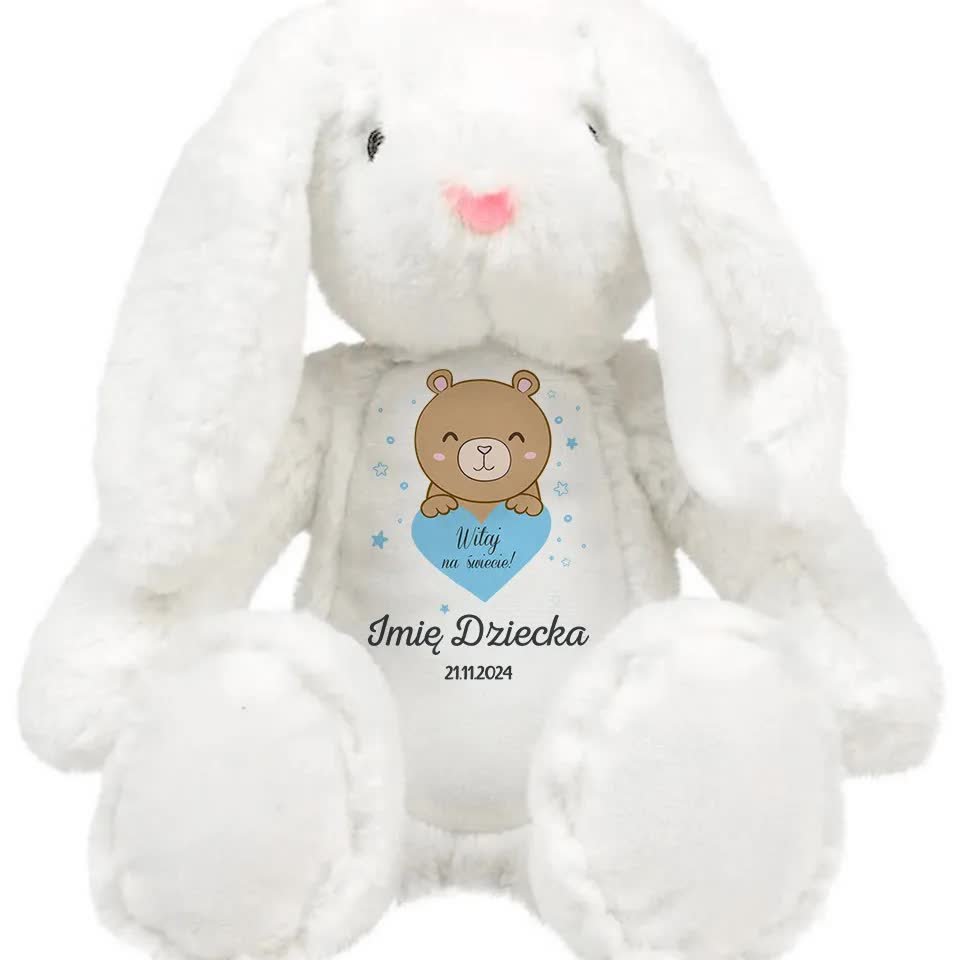KRÓLICZEK PLUSZAK Dla Dziecka Personalizwoane IMIE DZIECKA Niebieskie Wzory