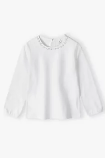 Bluzki dla dziewczynek - Biała elegancka bluzka dziewczęca z perełkami pod szyją - grafika 1