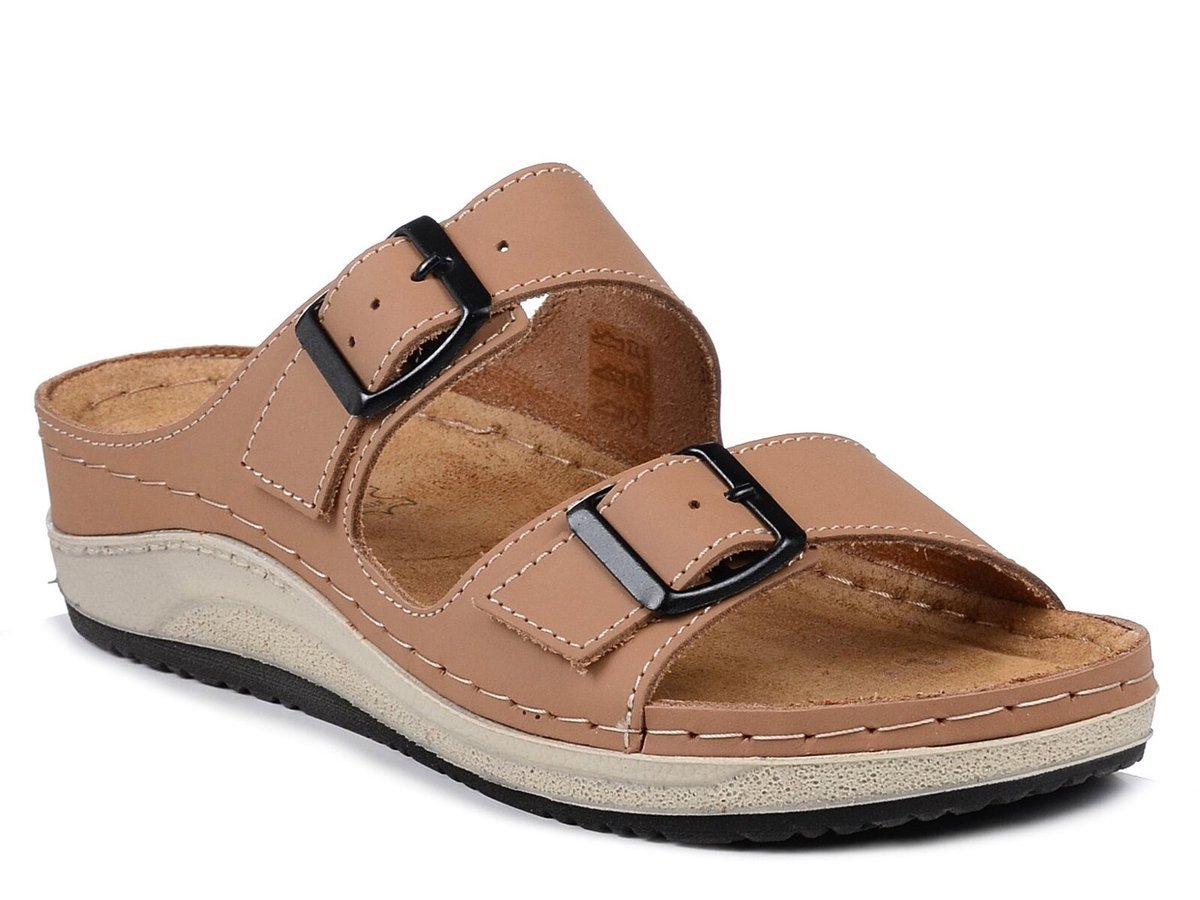 Klapki damskie skórzane regulowane wygodne beżowe Inblu PF-03-38