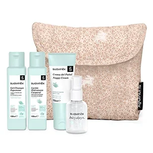 SUAVINEX Neceser Baby Travel Fabric With Baby Cologne, Balsam Nawilżający, Kremowy Pieluchy i Żel-Szampon Musujący, Format Podróży, Różowy, 4 Produkty - Kosmetyki kąpielowe dla dzieci - miniaturka - grafika 1