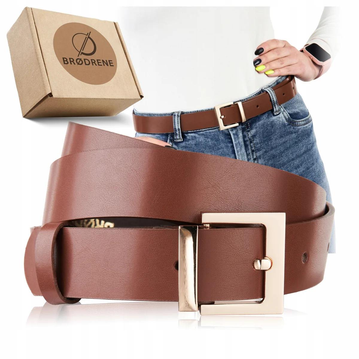 Pasek Skórzany Damski Brodrene Brązowy Złota Klamra do Sukienki Box 115cm