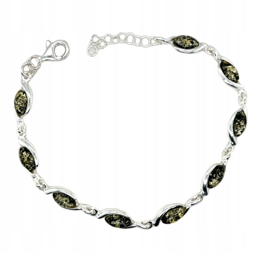 Bransoletka srebrna z zielonym bursztynem delikatna SREBRO 925