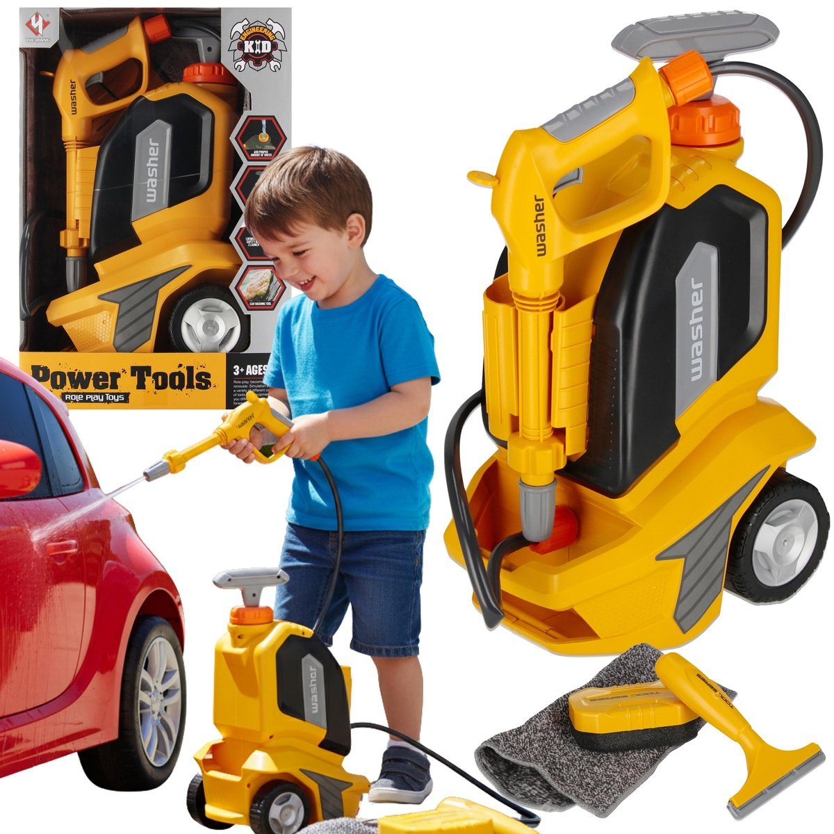 Zabawkowa, INTERAKTYWNA myjka ciśnieniowa NA WODĘ dla dzieci + AKCESORIA ściereczka i ściągaczka 3+
