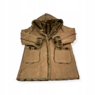 Płaszcze damskie - Beżowy elegancki płaszcz zamszowy z podszyciem z futra Dennis Basso L - miniaturka - grafika 1