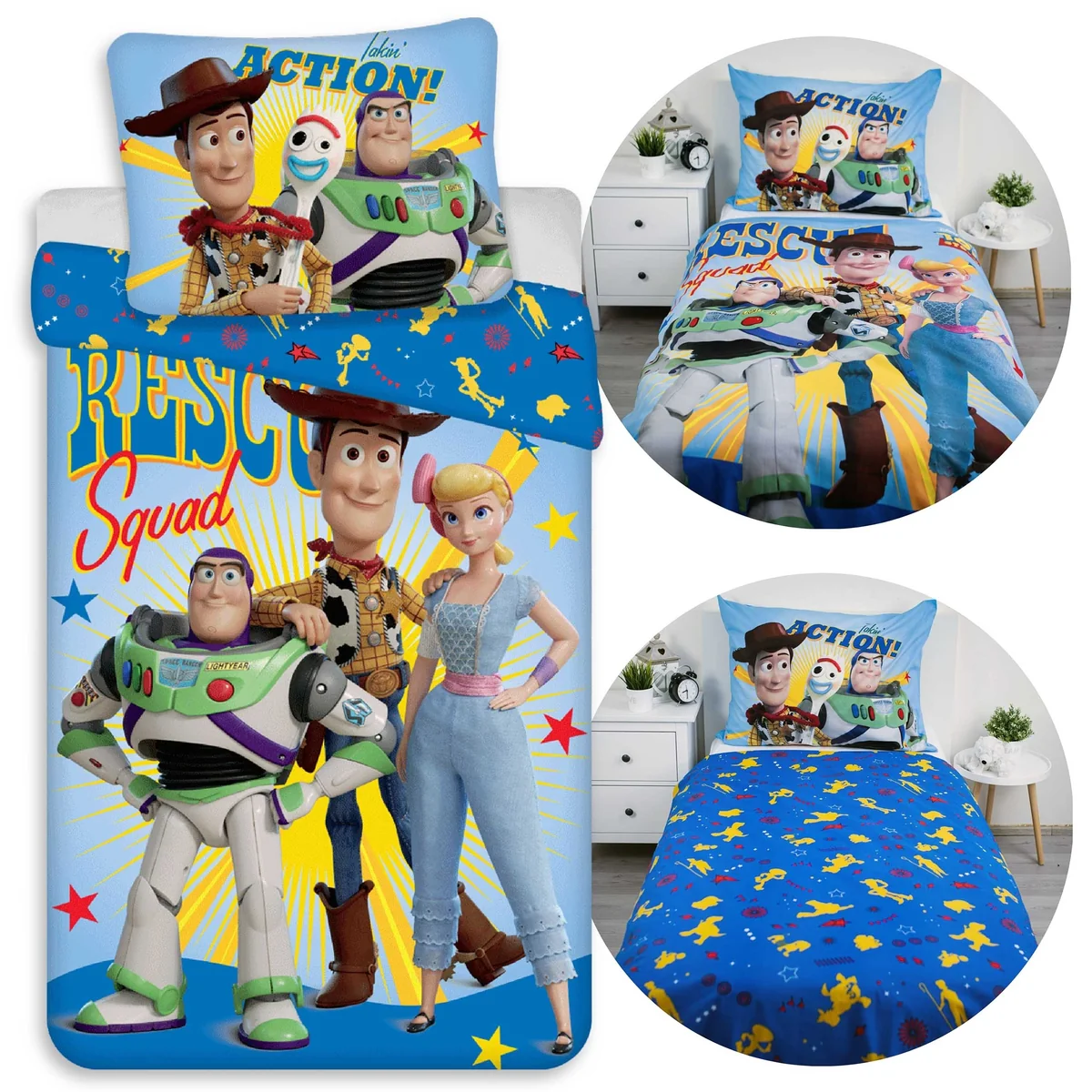 DISNEY Toy Story Niebieska, DWUSTRONNA, bawełniana pościel dziecięca na zamek, 100% BAWEŁNA 140x200cm+70x90cm OEKO-TEX