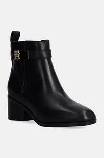 Tommy Hilfiger botki skórzane TH LOGO MID HEEL BOOTIE damskie kolor czarny na słupku FW0FW08179 - Botki damskie - miniaturka - grafika 1