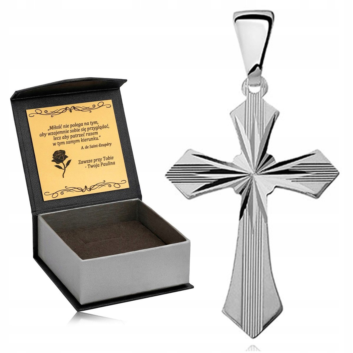 DAMSKI BŁYSZCZĄCY SREBRNY KRZYŻYK PR 925 DIAMENTOWANY KRZYŻ RODOWANY GRAWER