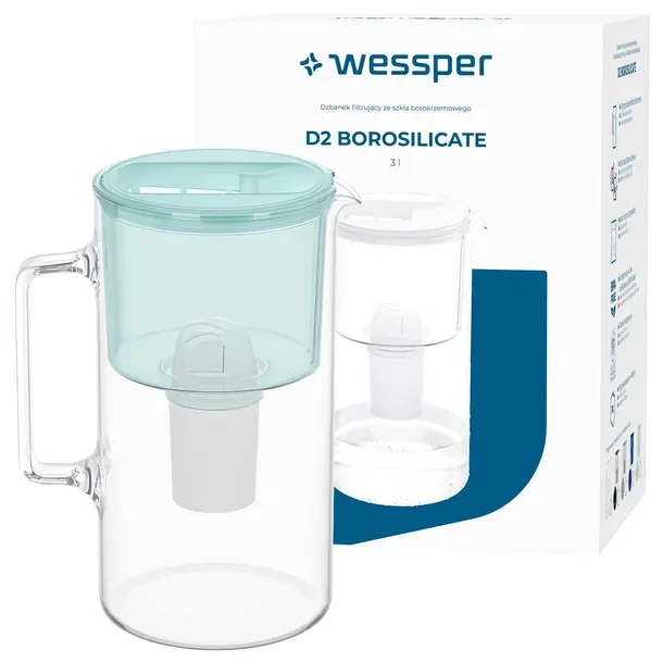 Szklany dzbanek filtrujący Wessper D2 BOROSILICATE 3l miętowy + filtr