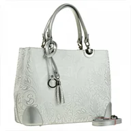 Torebki damskie - Skórzana torebka shopper kuferek L biała ze srebrnym wzorem - miniaturka - grafika 1