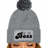 Czapki damskie - CZAPKA POMPON Bawełna ZIMOWA Szara Zabawne Motywacyjne BE THE BOSS Wzory - miniaturka - grafika 1