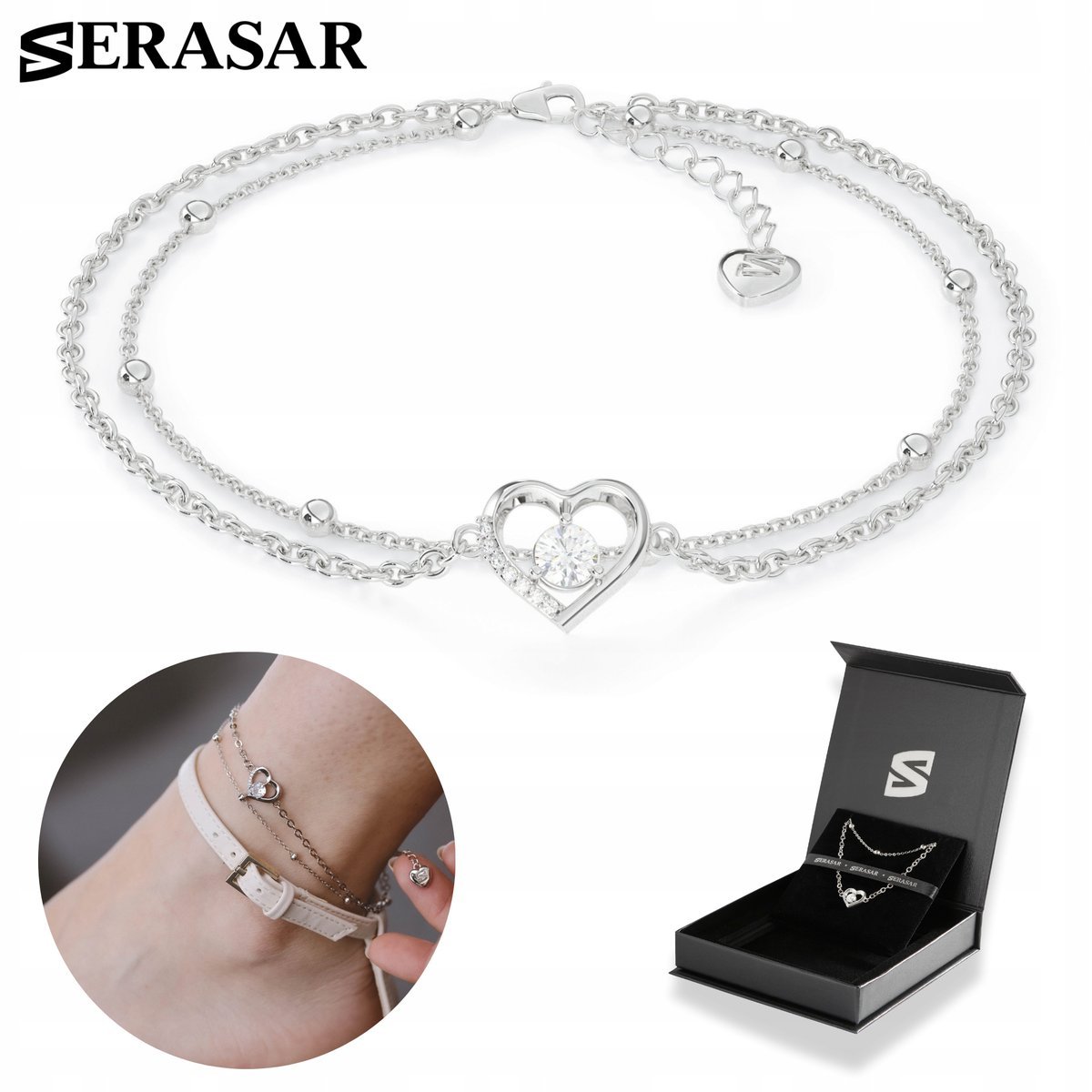SERASAR, bransoletka na kostkę ze srebra próby 925 dla kobiet z napisem „Heart” wykonana z 18-karatowego złota, regulowana długość, kolor srebrny, w..