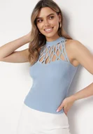 Bluzki damskie - Niebieski Top z Prążkowanej Dzianiny z Ażurowym Dekoltem Hiba - miniaturka - grafika 1