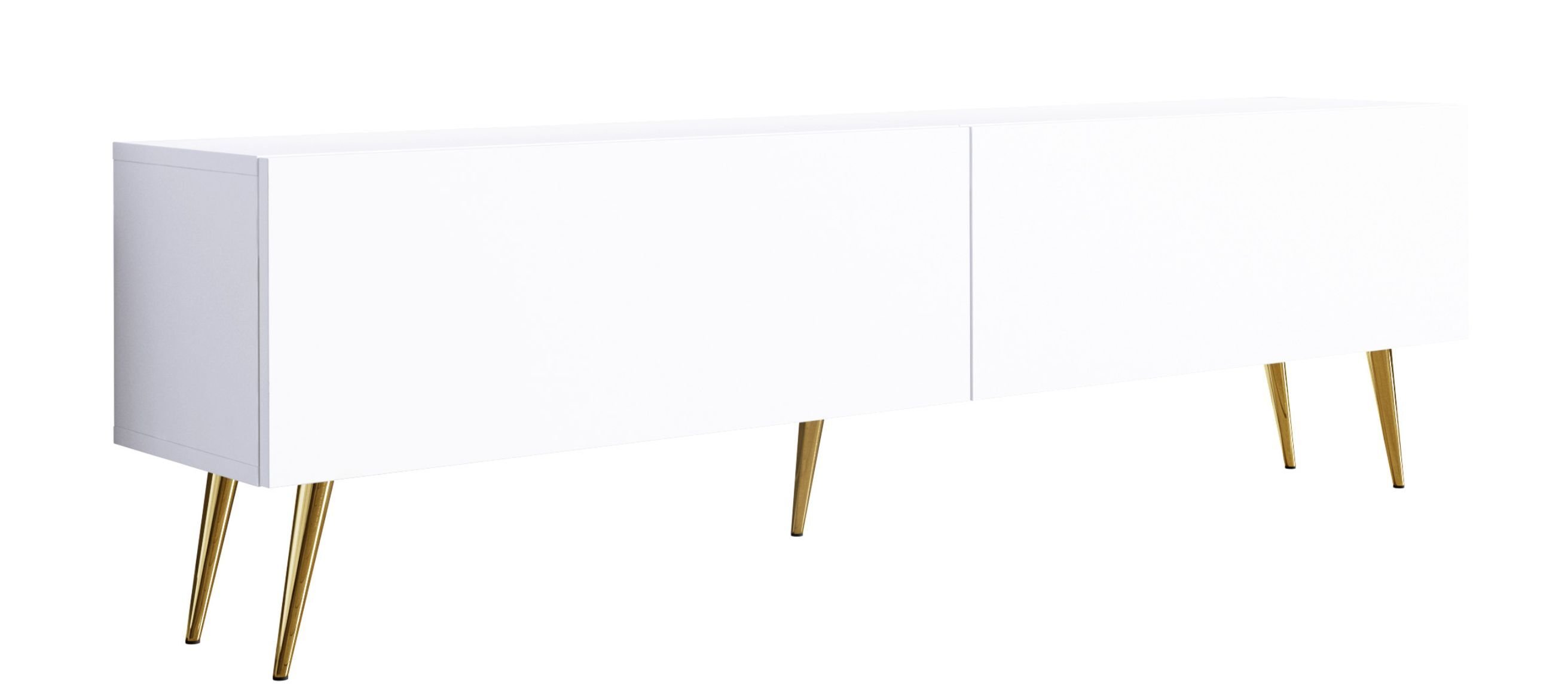 Szafka RTV: dwoje drzwi, dwie półki, kolor: biały matowy, złote nóżki, A: szer: 170 cm, wys: 52 cm, gł: 32 cm