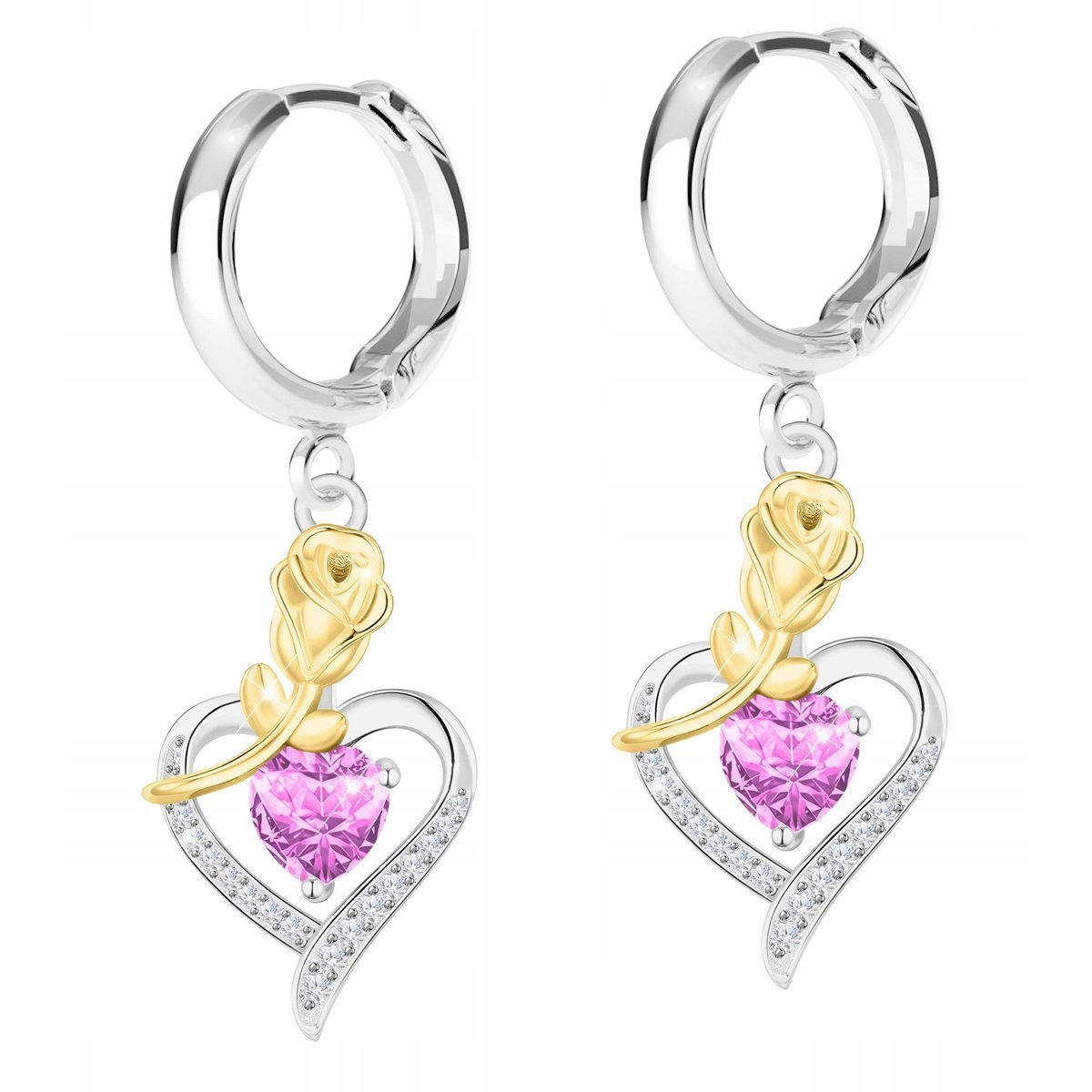 Kolczyki Srebrne Serca z Różami Kwiaty Różowe Cyrkonie Róże SREBRO 925