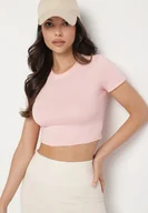 Koszulki i topy damskie - Różowy T-shirt z Wiskozą o Dopasowanym Kroju Typu Crop Top Folirra - miniaturka - grafika 1