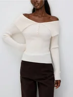 Swetry damskie - Reserved - Sweter z wykładanym kołnierzem - kremowy - miniaturka - grafika 1