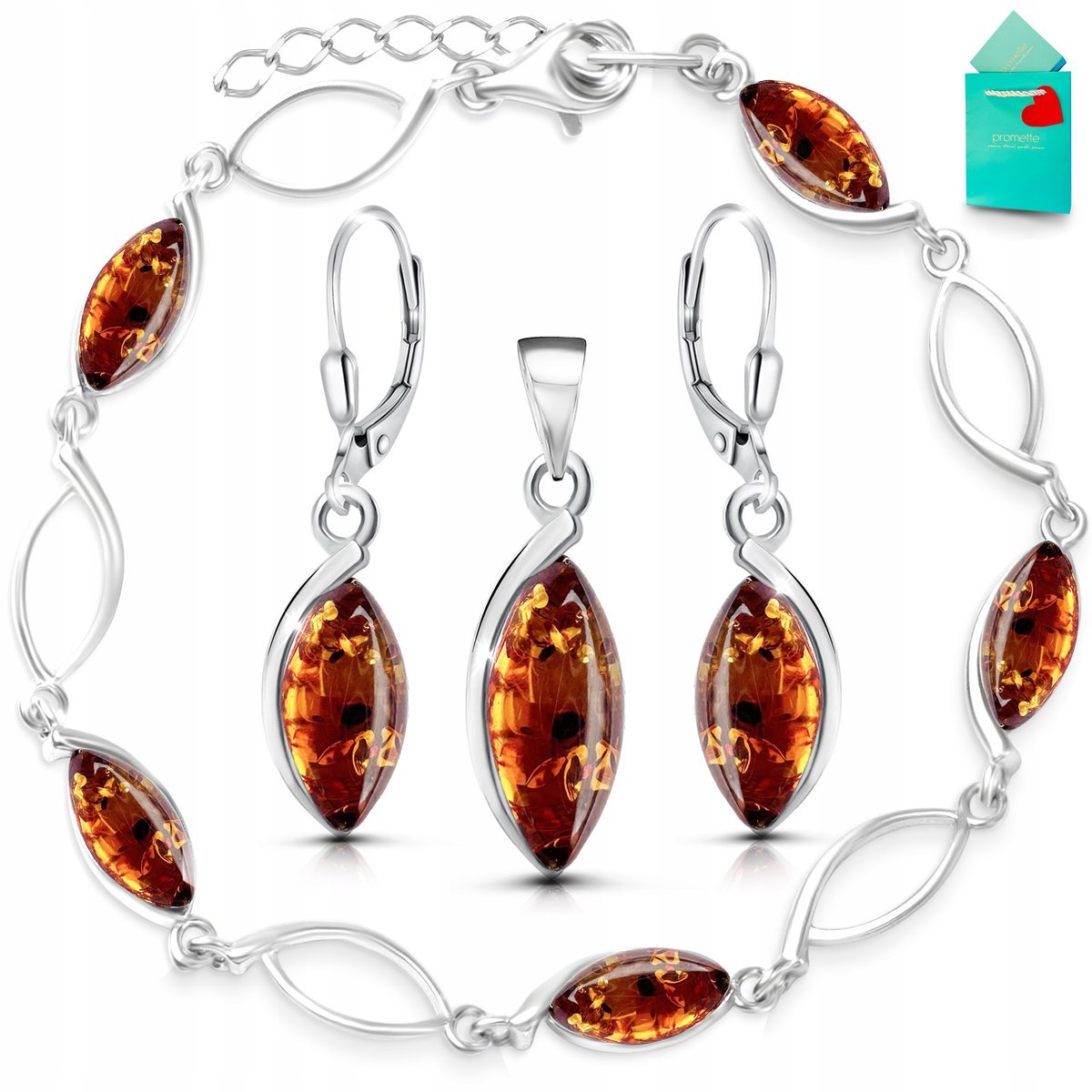 Biżuteria z bursztynem kolczyki srebrne bransoletka wisiorek komplet 925