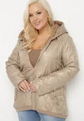 Kurtki damskie - Ciemnobeżowa Kurtka Pikowana o Pudełkowym Kroju z Kapturem Nusolea - miniaturka - grafika 1