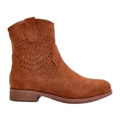 Botki damskie - Damskie Ażurowe Botki Na Płaskim Obcasie Camel S.Barski HY42-135 brązowe - miniaturka - grafika 1