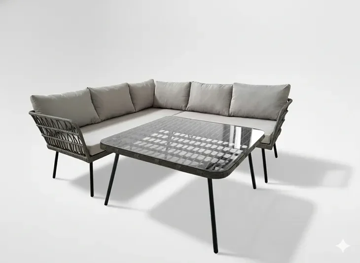 Narożny Szary Duży Zestaw Mebli Ogrodowych 2 x Sofa Stolik Poduszki Rattan