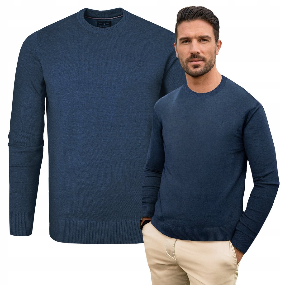 SWETER Męski Klasyczny Jednokolorowy Gładki Basic GRANATOWY L Pako Jeans